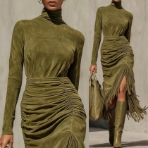 Fashion Turtleneck Long Sleeve Ruched Tassel Side Slit Midi Dress