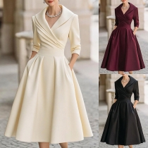 Fashion Lapel V-neck Elbow Sleeve High-rise Side Pockets Midi Dress