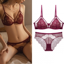 Fashion  Gauze Spliced Floral Lace  Semi-through Two-piece Lingerie Set
