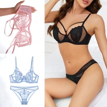 Fashion Hollow Out Gauze Spliced Floral Embroidered Semi-through Lace Two-piece Lingerie Set