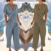 Fashion Solid Color Two-piece Set Consist of Ruched Irregular Hemline Shirt and Pants