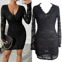 Slim-Fit Long-Sleeve V-Neck Dress with Lace Detail