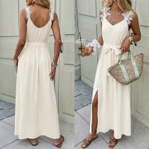 Fashion Floral Crochet Shoulder Strap V-neck Self-tie Midi Dress