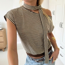 Fashion Stripe Printed Slant Shoulder Short Sleeve Shirt with Scarf