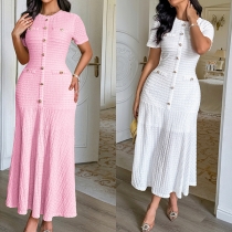 Fashion Crew Neck Short Sleeve Front Button Fishtail Hemline Texture Dress
