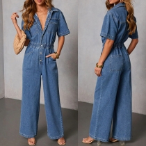 Fashion Short Sleeve Front Button Elastic Waist Side Pockets Straight-cut Old-washed Denim Jumpsuit