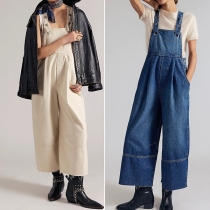Street Fashion Square Neck Side Pockets Adjustable Shoulder Strap Wide-leg Old-washed Denim Jumpsuit