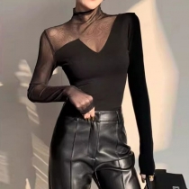 Fashion Gauze Spliced Mock Neck Long Sleeve Slim-fit Shirt