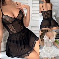 Sexy Lace Spliced V-neck Semi-through Nightwear Slip Dress