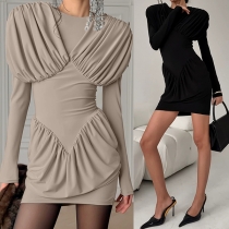 Fashion Crew Neck Ruff Cinched Waist Bodycon Dress