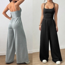 Fashion Halter Neck Square neck Backless Wide-leg Jumpsuit