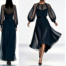 Sexy Crew Neck Long Sleeve Gauze Maxi Dress with Inner Slip Dress