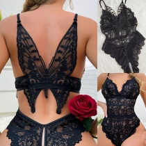 Sexy V-neck Back Butterfly Floral Crochet Lace Lingerie Bodysuit