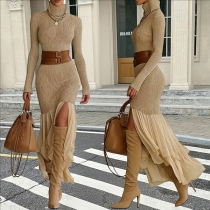 Sexy Turtleneck Long Sleeve Gauze Spliced Hemline Ribbed Dress