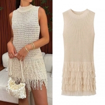Fashion Mock Neck Sleeveless Tassel Hemline Hollow Out Knitted Mini Dress
