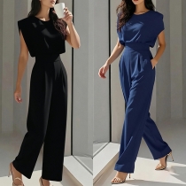 Elegant Crew Neck Short Sleeve High-rise Straight-cut Jumpsuit