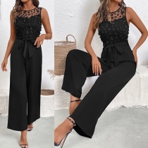 Sexy Gauze Spliced Crew Neck Sleeveless Self-tie Straight-cut Jumpsuit