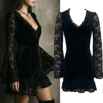 Sexy Lace Spliced V-neck Long Sleeve Ruffle Hemline Bodycon Dress