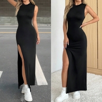 Fashion Crew Neck Sleeveless Side Slit Bodycon Dress