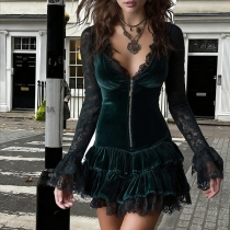 Fashion Lace Spliced V-neck Long Sleeve Front Zipper Tiered Bodycon Velvet Dress