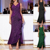 Fashion Bling-bling V-neck Ruched Ruffle Party Dress