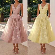 Elegant Floral Printed V-neck Sleeveless Self-tie Party Dress