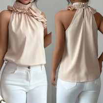 Sexy Ruched Mock Neck Sleeveless Shirt