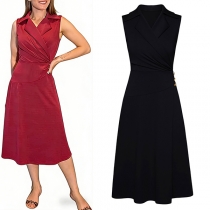 Sexy Lapel Collar V-neck Sleeveless Ruched Dress