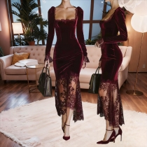 Sexy Lace Spliced Square Neck Long Sleeve Fishtail Hemline Bodycon Dress