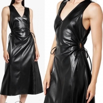Sexy V-neck Sleeveless Side Drawstring Cutout Artificial Leather PU Dress