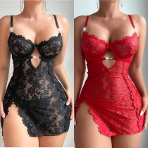 Sexy Rhinestone Side Slit Floral Crochet Lace Nightwear Slip Dress