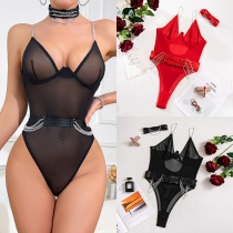Sexy Chain Semi-through Lingerie Bodysuit with Choker