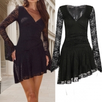 Fashion V-neck Trumpet Long Sleeve Irregular Hemline Lace Dress