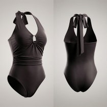 Fashion Halterneck O-ring Sleeveless Ruched Slim-fit Bodysuit