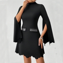 Elegant Mock Neck Black Mini Dress with Split Sleeves & Rhinestone Detail