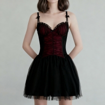 Fashion Sweetheart Neckline Ruched Gauze Spliced Ruffle Hemline Dress