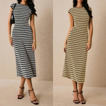 Fashion Stripe Printed Crew Neck Cap Sleeve Knitted Dress