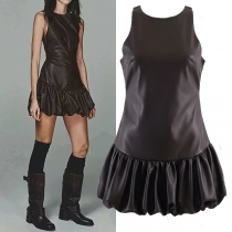 Fashion Crew Neck Sleeveless Ruffle Hemline Artificial Leather PU Dress