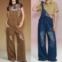 Vintage Adjustable Shoulder Strap Square Neck Distressed Straight-cut Old-washed Denim Jumpsuit