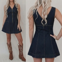 Fashion Half-zipper V-neck Sleeveless Old-washed Denim Dress