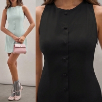 Fashion Crew Neck Sleeveless Front Button Mini Dress