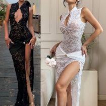 Sexy Metal Front Cutout Side Slit Lace Party Dress