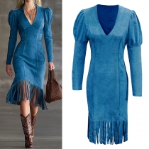 Fashion V-neck Puff Long Sleeve Fringe Hemline Faux Suede Bodycon Dress