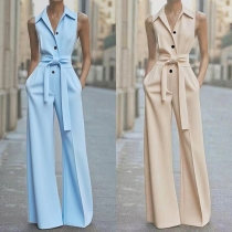 Fashion Lapel Collar Front Button Sleeveless Self-tie Straight-cut Jumpsuit