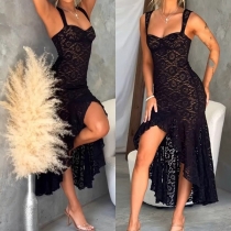 Sexy Sweetheart Neckline Ruffle Irregular Hemline Midi Lace Dress