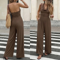 Women's  Backless Jumpsuit-Draped V-neck, High-rise and Wide-leg