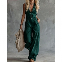 Fashion Solid Color Front Button Sleeveless Wide-leg Utility Jumpsuit