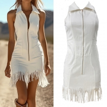 Fashion Lapel Collar Sleeveless Front Zipper Fringed Hemline Bodycon Dress