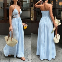 Fashion Vertical Striped Halter Neck V-neck High-rise Wide-leg Jumpsuit