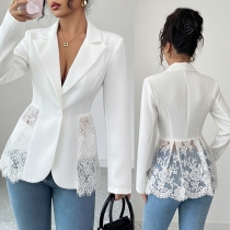 Fashion Notch Lapel Long Sleeve Lace Spliced Blazer